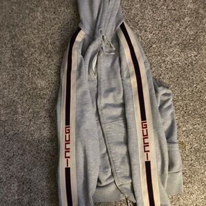 Light Gray Zip Hoodie with Striped Side Tape gucci